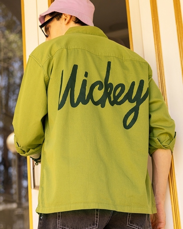 Shop Men's Olive Green Mickey Graphic Printed Oversized Shirt-Front