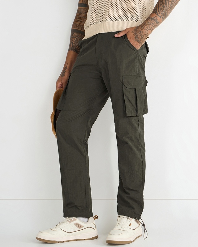Shop Men's Olive Green Nylon Cargo Parachute Pants-Front