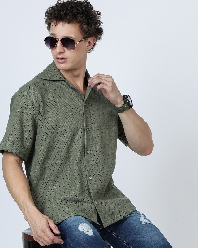 Shop Men's Olive Green Oversized Crochet Shirt-Front