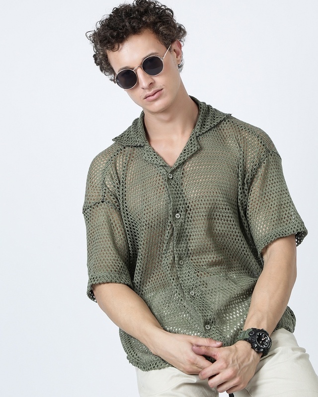 Shop Men's Olive Green Oversized Crochet Shirt-Front