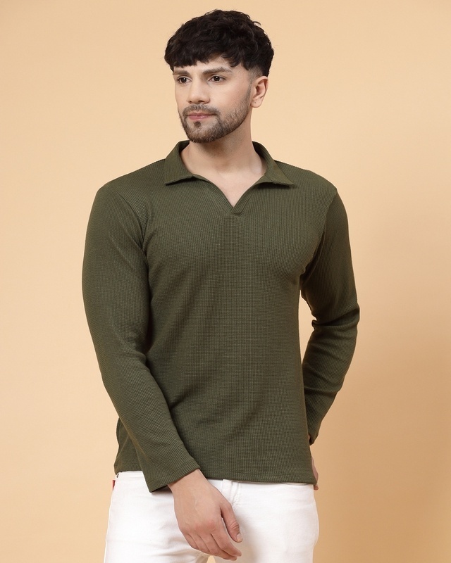 Shop Men's Olive Green Waffle Knitted Polo T-Shirt-Front