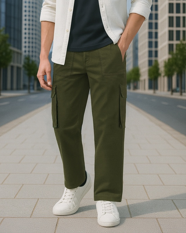 Shop Men's Olive Green Straight Fit Cargo Pants-Front