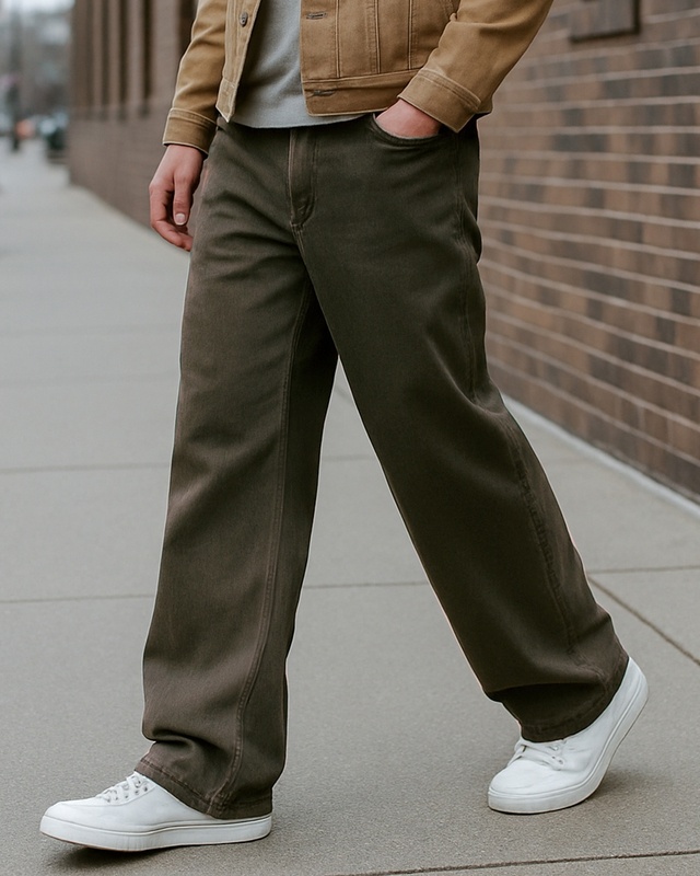 Shop Men's Olive Green Super Baggy Fit Mid-Rise Jeans-Front