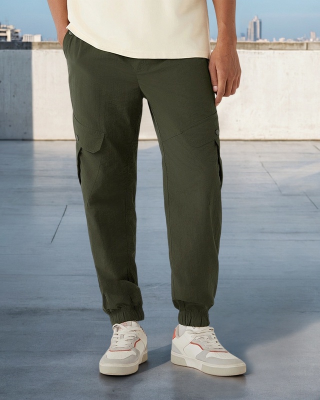 Shop Men's Olive Green Super Loose Fit Nylon Cargo Jogger Pants-Front