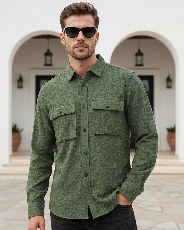 Men's Olive Green Textured Shirt-Front Bewakoof Shop Men's Olive Green Textured Shirt-Front