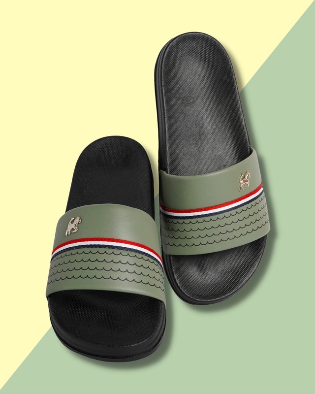 Shop Men's Olive Printed Sliders-Front