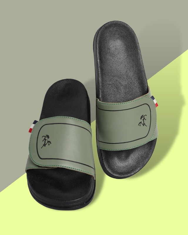 Shop Men's Olive Printed Velcro Sliders-Front