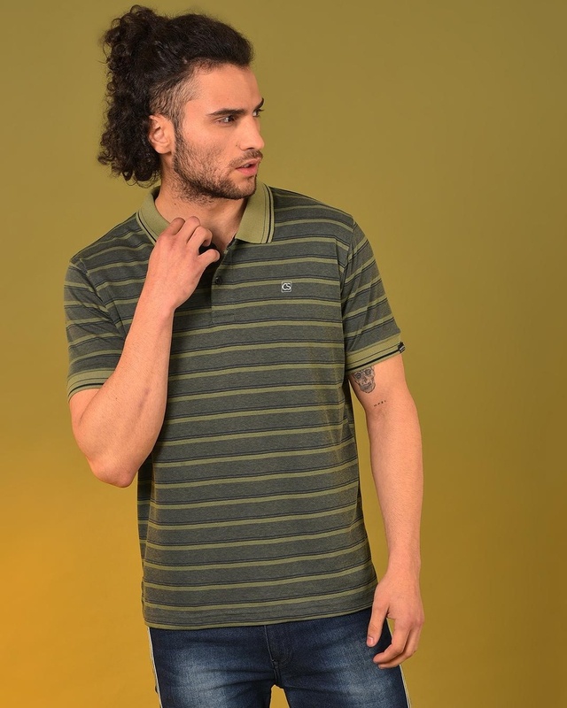 Shop Men's Olive Striped Polo T-shirt-Front