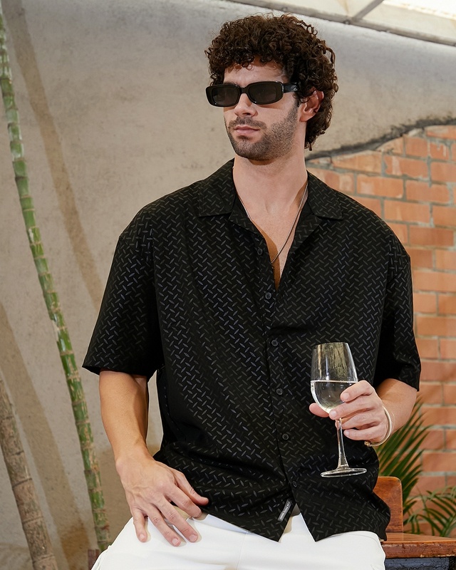Shop Men's Onyx Black All Over Printed Oversized Shirt-Front