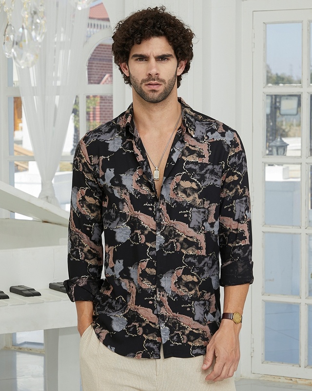 Shop Men's Onyx Black & Brown Abstract Printed Shirt-Front