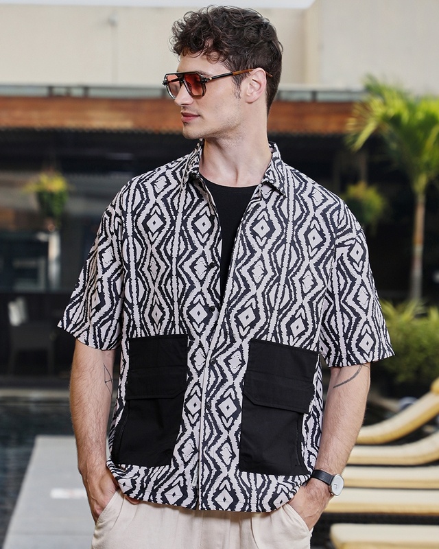 Shop Men's Onyx Black & Cream White All Over Printed Oversized Shirt-Front