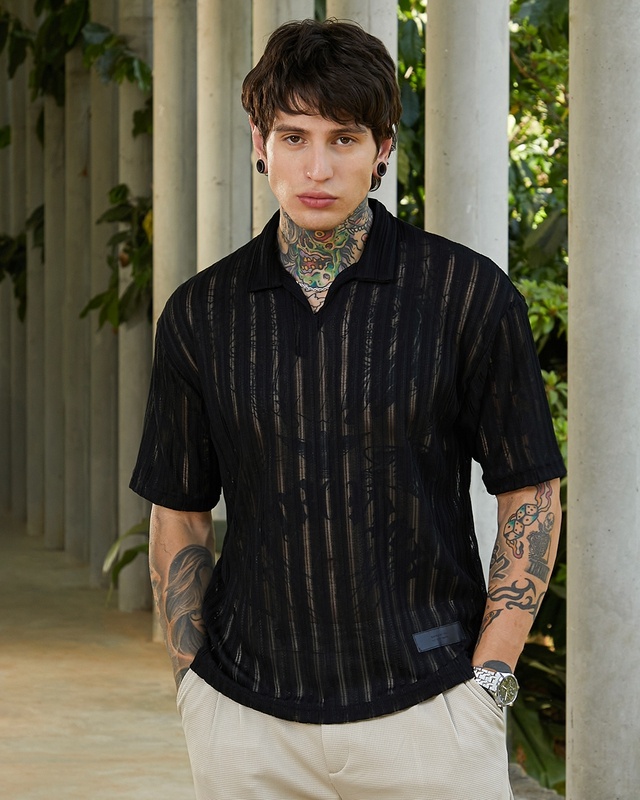 Shop Men's Onyx Black Textured Relaxed Fit Polo T-shirt-Front