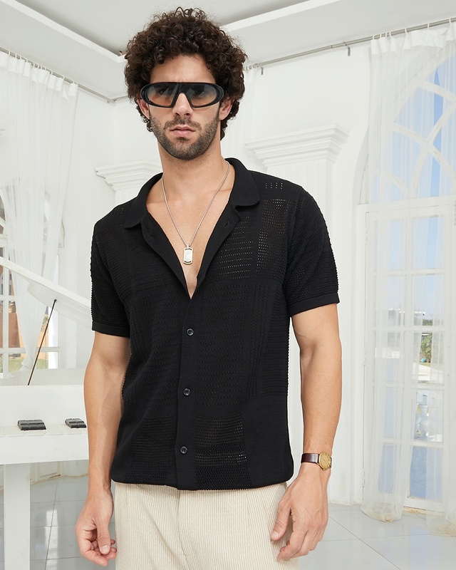 Shop Men's Onyx Black Textured Shirt-Front
