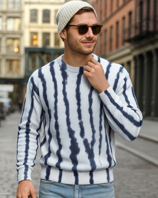 Shop Men's Blue & White Tie & Dye Oversized Sweater-Front