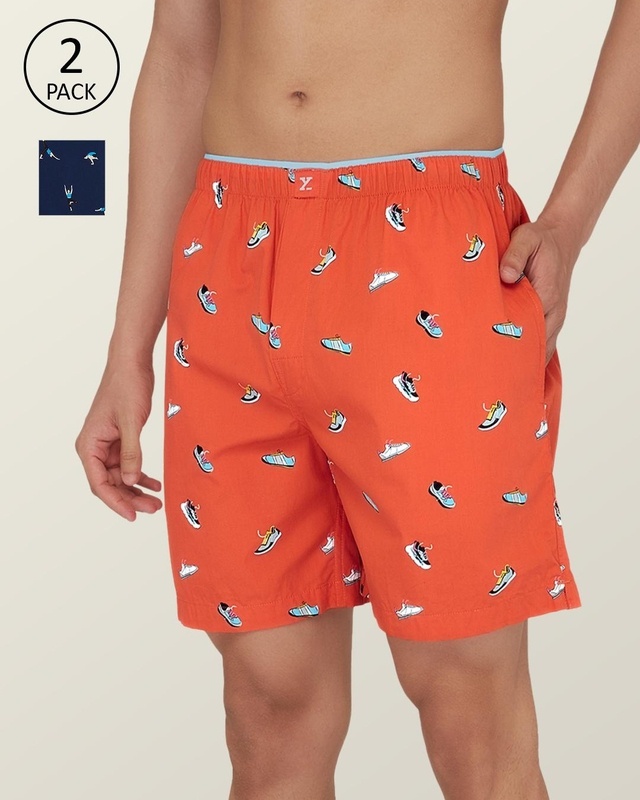 Shop Pack of 2 Men's Orange & Blue Graphic Printed Relaxed Fit Boxers-Front