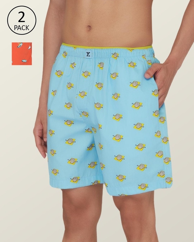 Shop Pack of 2 Men's Orange & Blue All Over Printed Relaxed Fit Boxers-Front