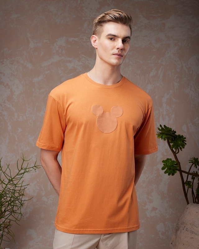Shop Men's Orange Mickey Mouse Graphic Printed Oversized T-shirt-Front