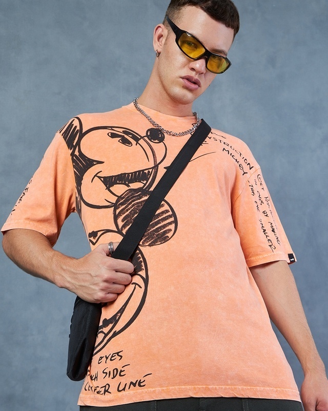 Shop Men's Orange Mickey Smiling Graphic Printed Oversized Acid Wash T-shirt-Front