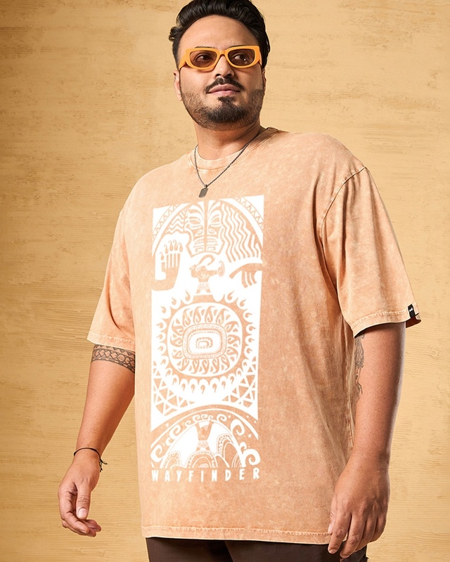 Shop Men's Orange Moana Graphic Printed Oversized Plus Size Acid Wash T-shirt-Front
