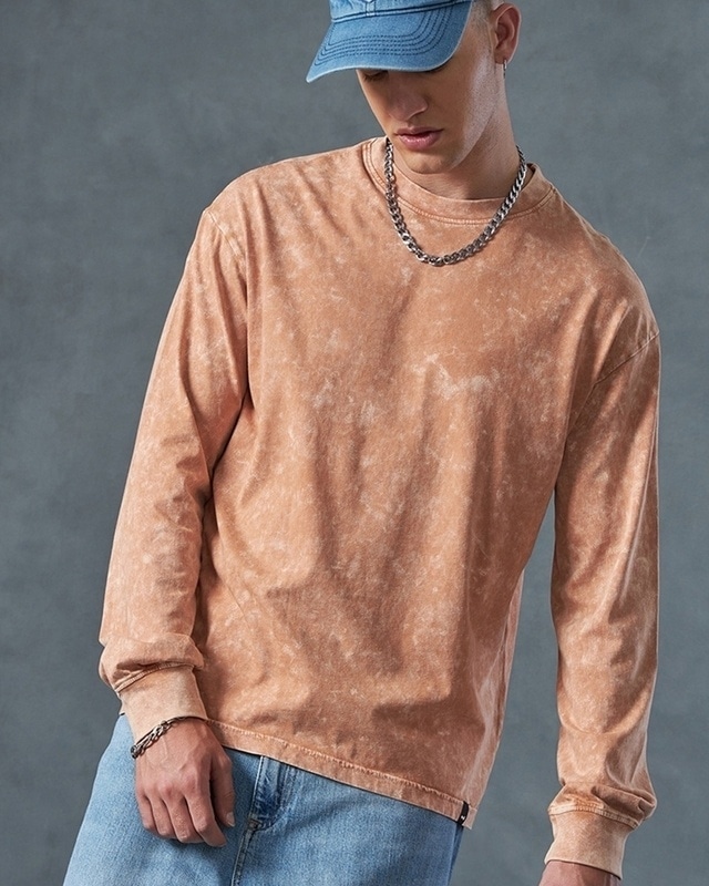 Shop Men's Orange Oversized Acid Wash T-shirt-Front