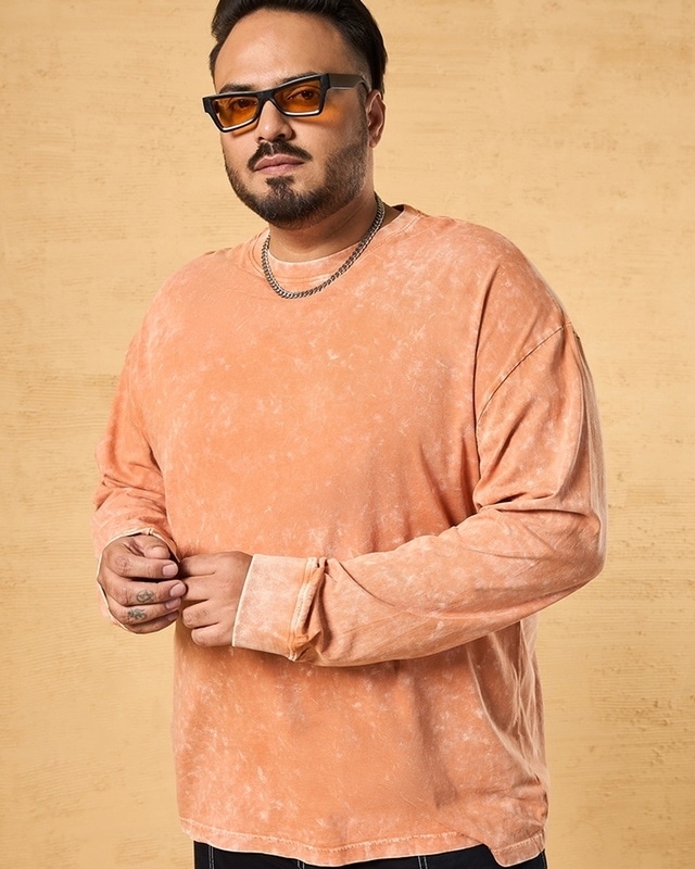 Shop Men's Orange Oversized Plus Size Acid Wash T-shirt-Front