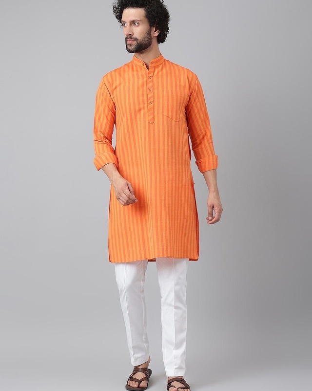 Shop Men's Orange Striped Kurta-Front