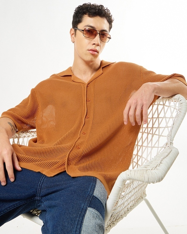 Shop Men's Orange Textured Oversized Shirt-Front