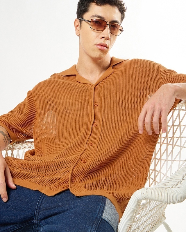 Shop Men's Orange Textured Oversized Shirt-Front