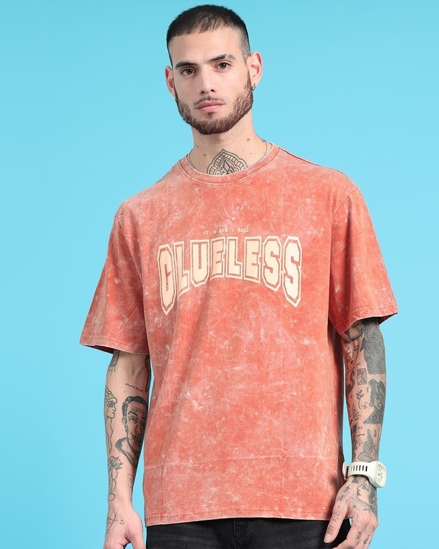 Shop Men's Orange Typography Oversized Acid Wash T-shirt-Front