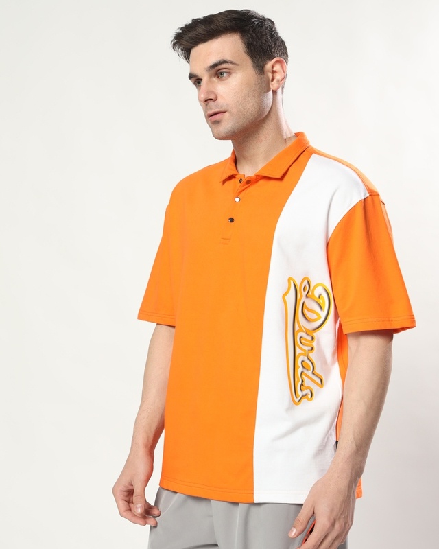 Shop Men's Orange & White Color Block Oversized Polo T-shirt-Front