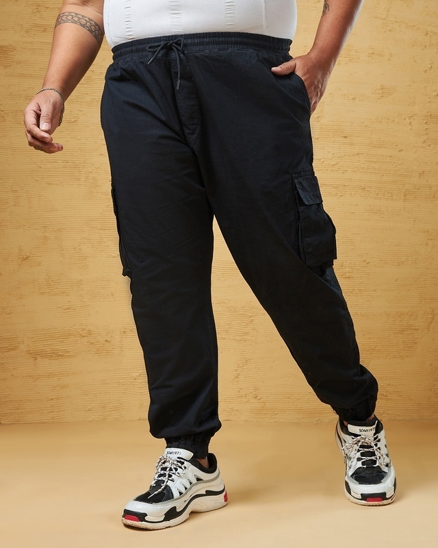 Shop Men's Black Plus Size Cargo Jogger Pants-Front