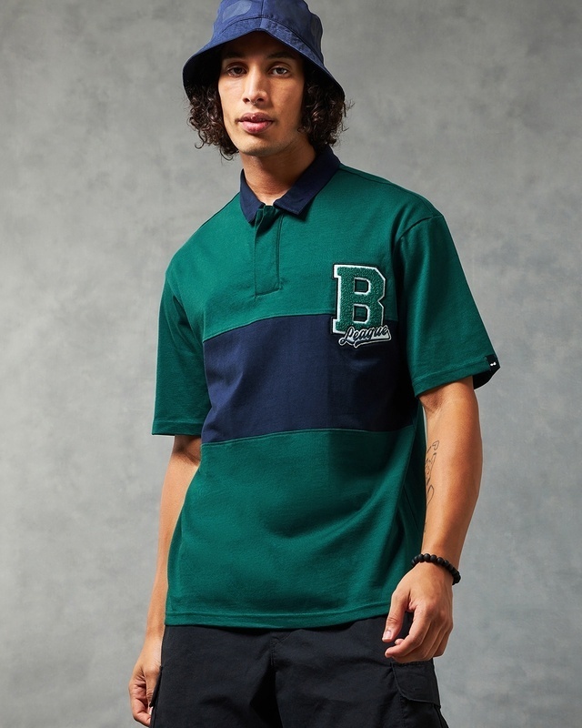 Shop Men's Green & Blue B League Color Block Oversized Polo T-shirt-Front