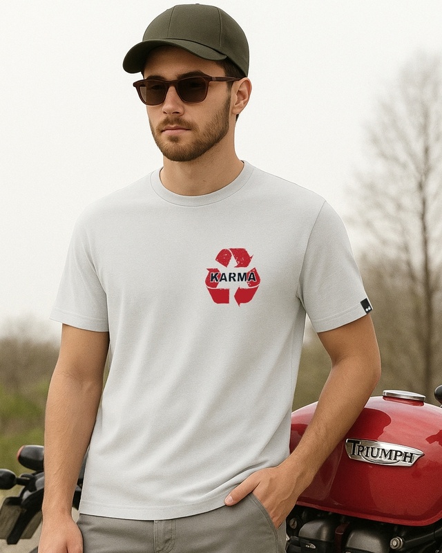 Shop Men's Oyester Mushroom Grey Karma Recycle Graphic Printed T-shirt-Front