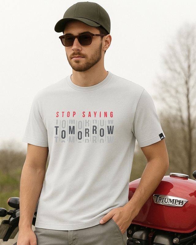 Shop Men's Oyester Mushroom Grey Stop Saying Tomorrow Typography T-shirt-Front