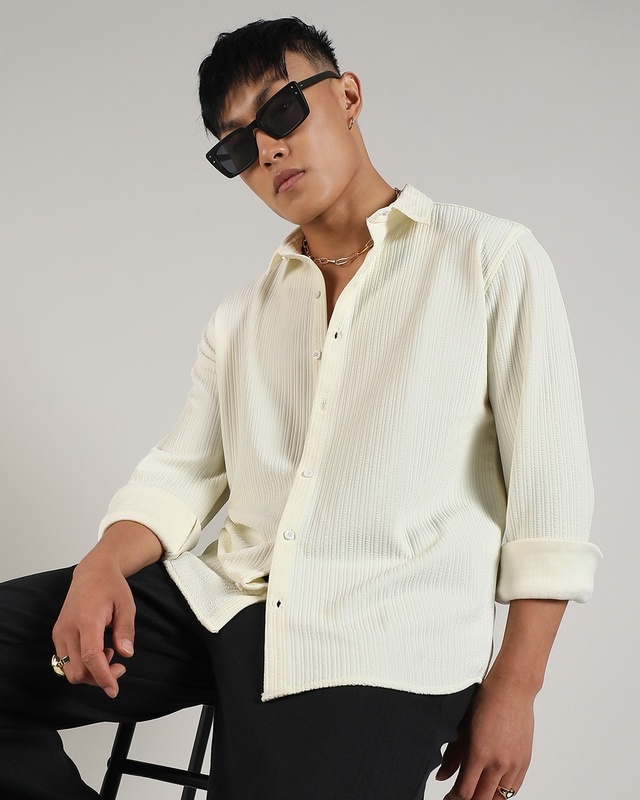 Shop Men's Pale Yellow Striped Textured Relaxed Fit Shirt-Front