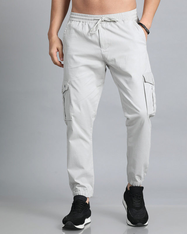 Shop Men's Pastel Grey Slim Fit Cargo Joggers-Front