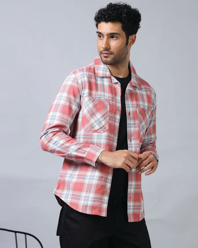 Shop Men's Pastel Pink & White Checked Shirt-Front