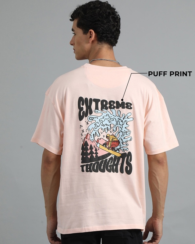 Men's Peach Extreme Thoughts Puff Printed Oversized T-Shirt