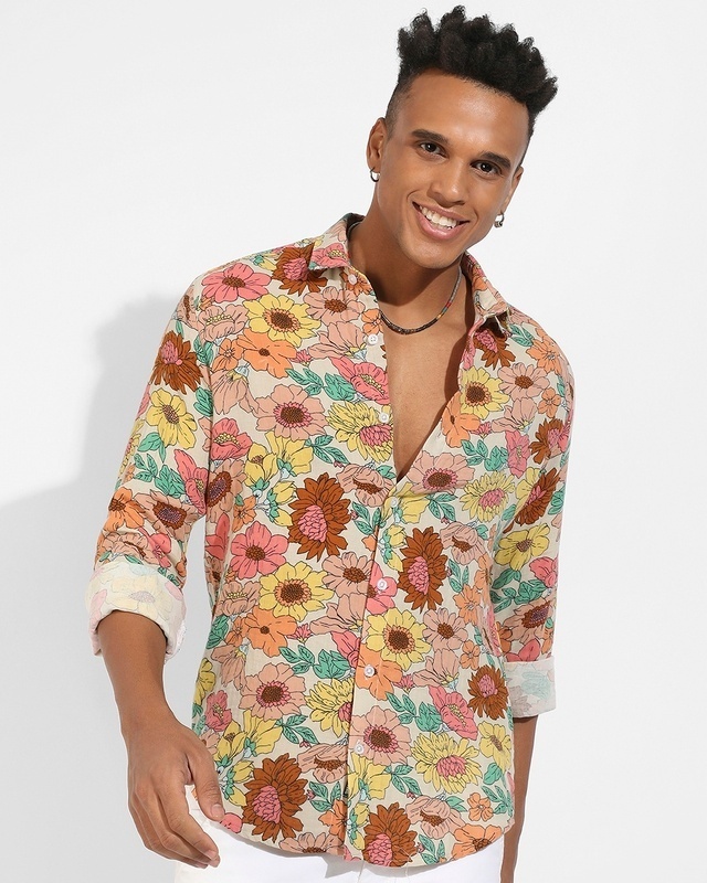 Shop Men's Peach All Over Floral Printed Shirt-Front