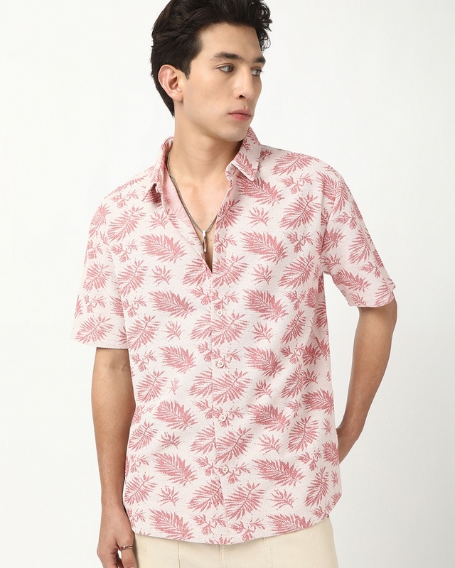 Shop Men's Soft Peach All Over Printed Oversized Shirt-Front