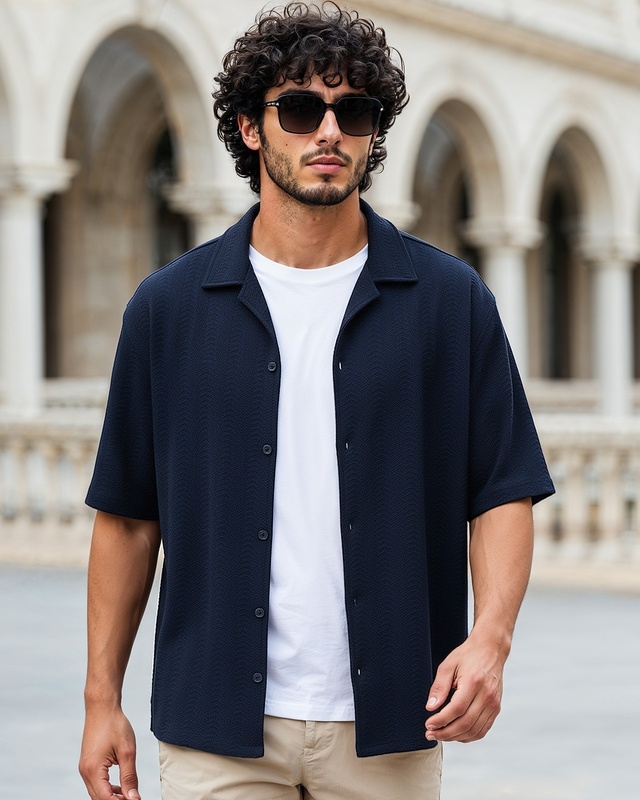 Shop Men's Peageant Blue Textured Oversized Shirt-Front