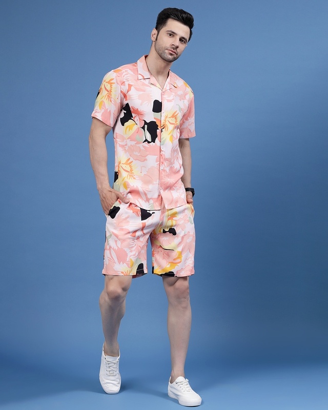 Shop Men's Pink All Over Floral Printed Slim Fit Co-ordinates-Front