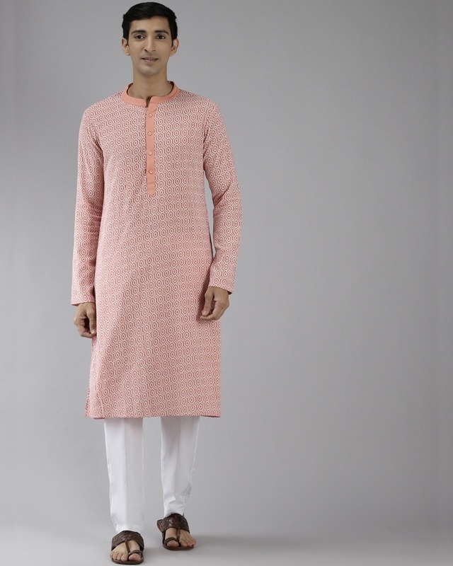 Shop Men's Pink All Over Printed Cotton Kurta-Front