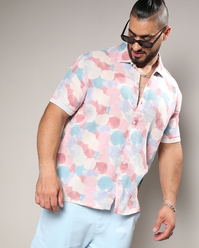Shop Men's Blush Pink & Light Blue All Over Printed Oversized Plus Size Shirt-Front