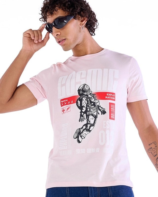 Shop Men's Pink Cosmic Explorer Graphic Printed T-shirt-Front