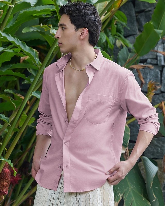 Shop Men's Pink Cotton Linen Shirt-Front