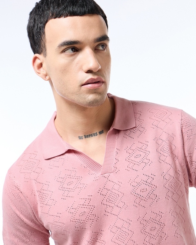 Shop Men's Pink Flatknit Polo T-shirt-Front