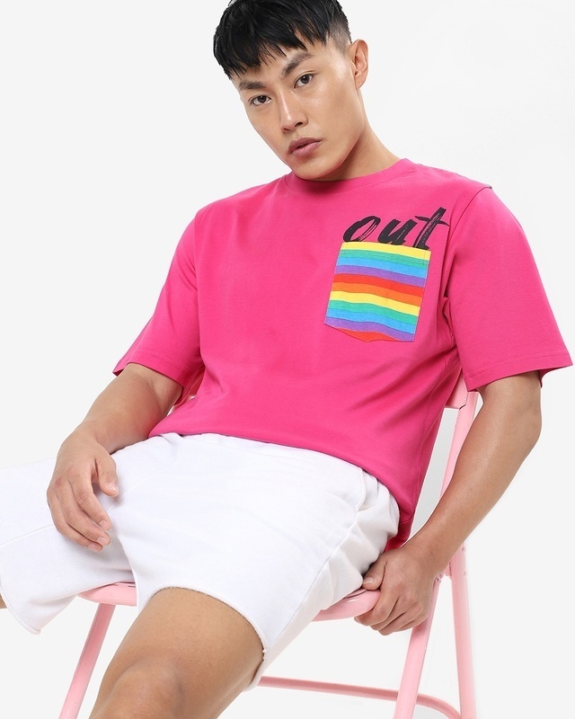 Shop Men's Pink Pocket Out Typography Oversized T-shirt-Front
