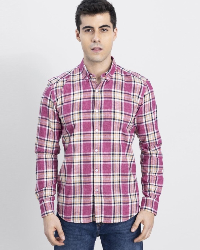 Shop Men's Pink Portrait Checked Slim Fit Shirt-Front
