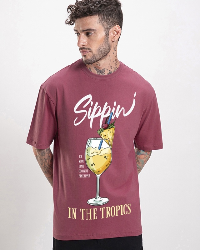 Men's Slate Rose Sippin In The Tropic Graphic Printed Oversized T-shirt